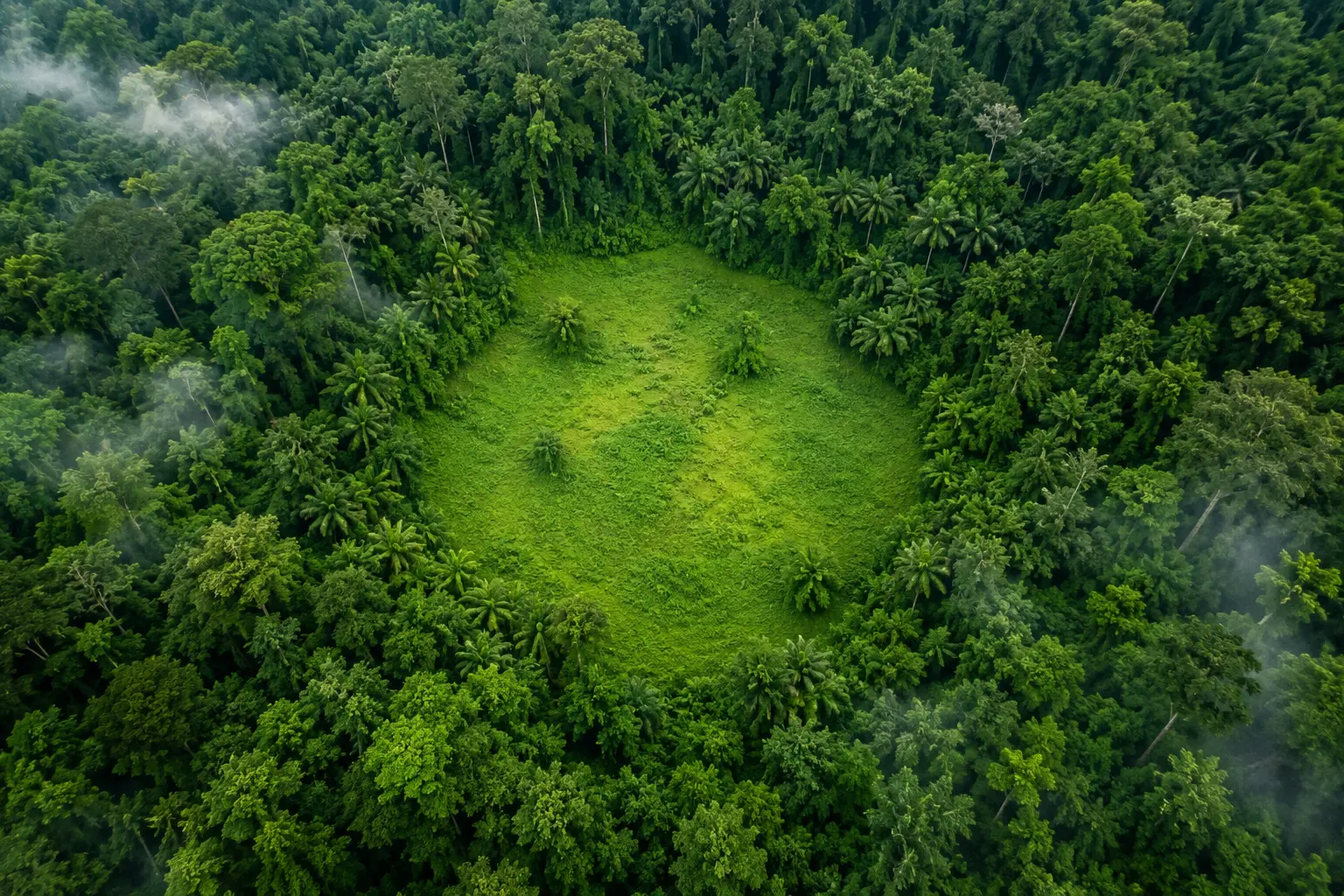 Aerial view of a sunlit clearing surrounded by forest